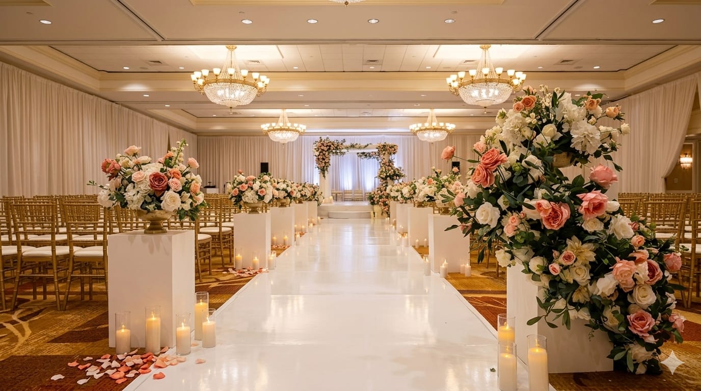 Luxury wedding decorators in Bangalore setting up grand stage flowers